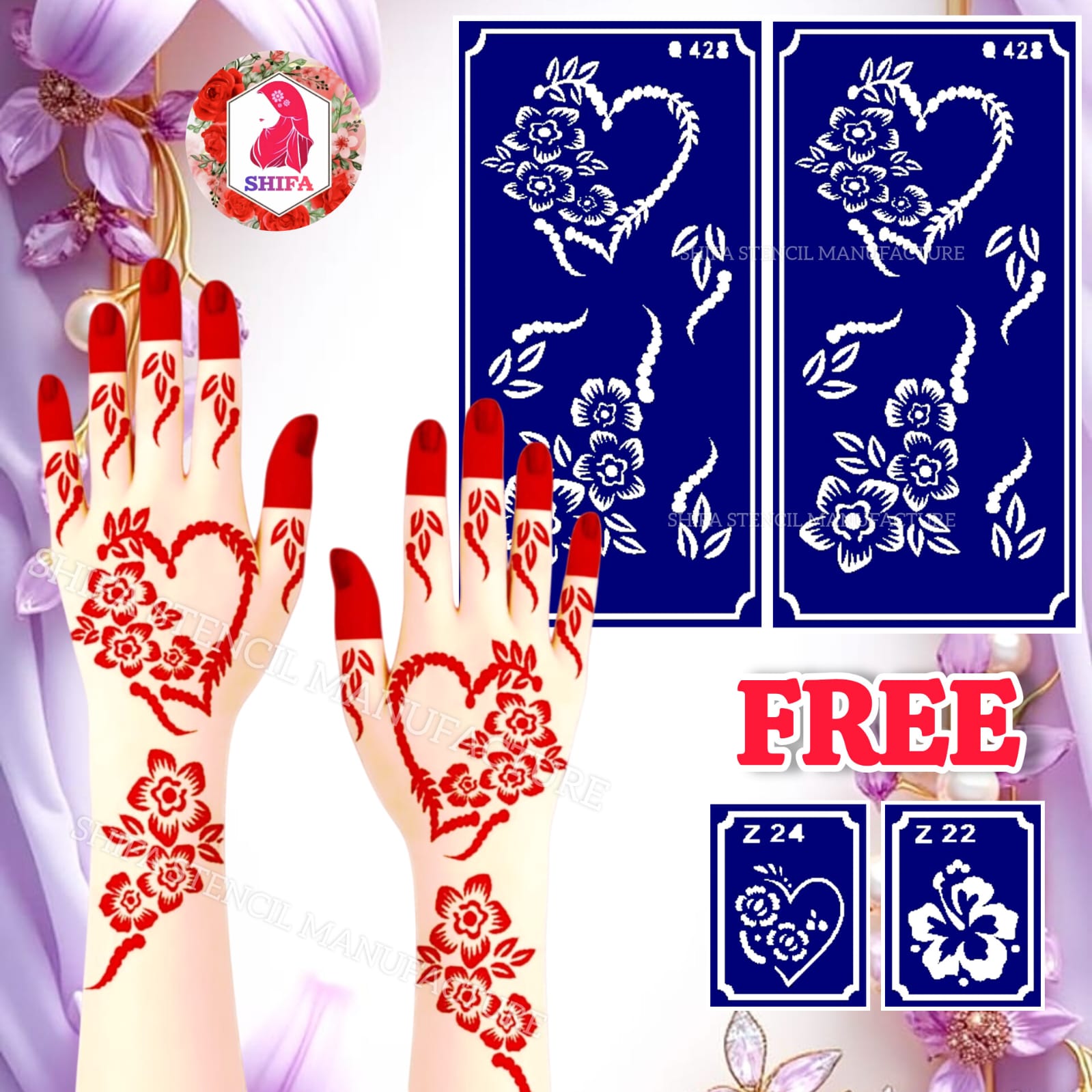 Q428 – Floral Heart Romance Sticker Overview Henna Stencil - Shifa Stencil
